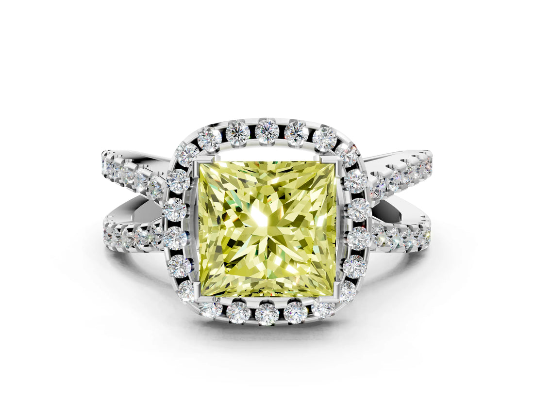 White gold Fancy Yellow Princess Cut Diamond Halo Ring with Split Shank Pavé Band and Prong Setting_34
