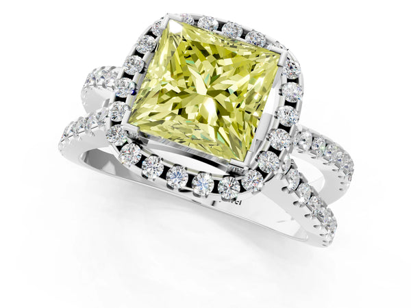 White gold Fancy Yellow Princess Cut Diamond Halo Ring with Split Shank Pavé Band and Prong Setting