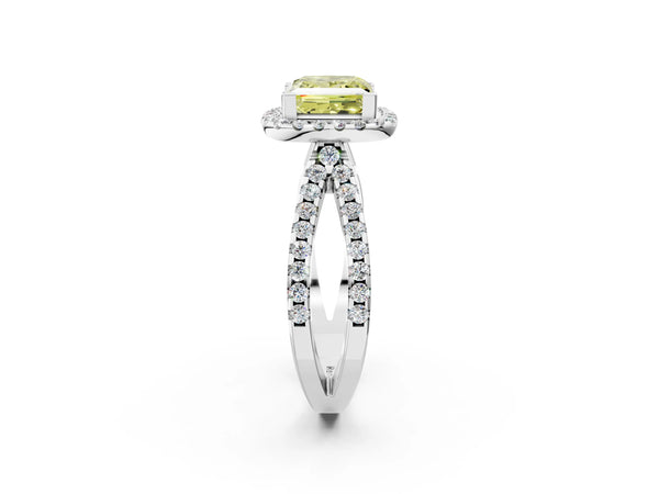 White gold Fancy Yellow Princess Cut Diamond Halo Ring with Split Shank Pavé Band and Prong Setting