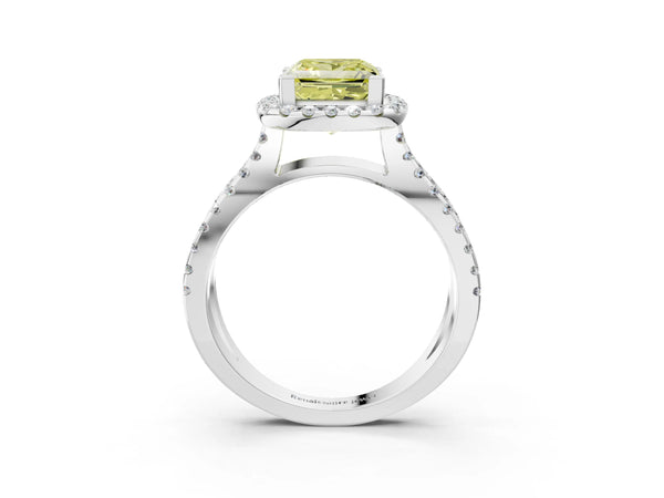 White gold Fancy Yellow Princess Cut Diamond Halo Ring with Split Shank Pavé Band and Prong Setting