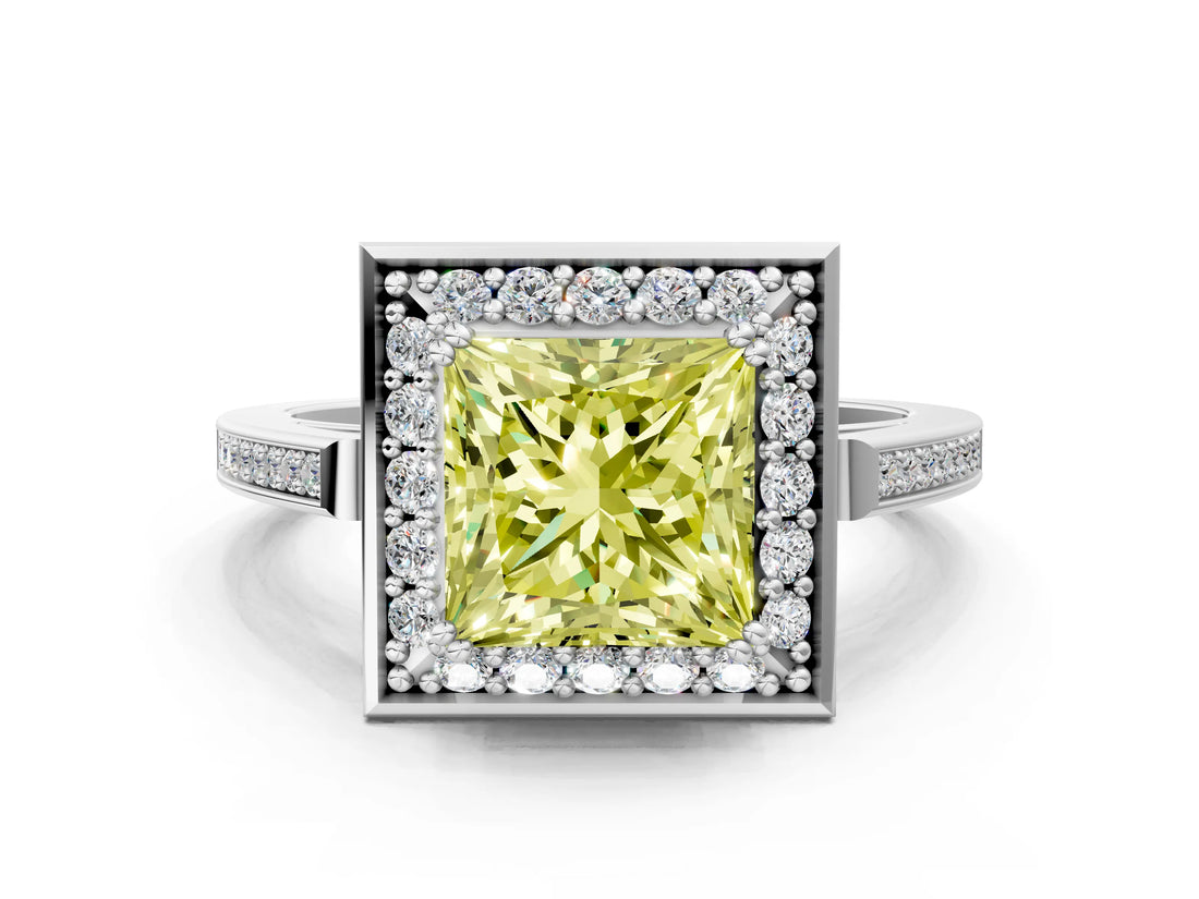 White gold Fancy Yellow Princess Cut Diamond Halo Ring with Split Shank and Four-Prong Setting_17