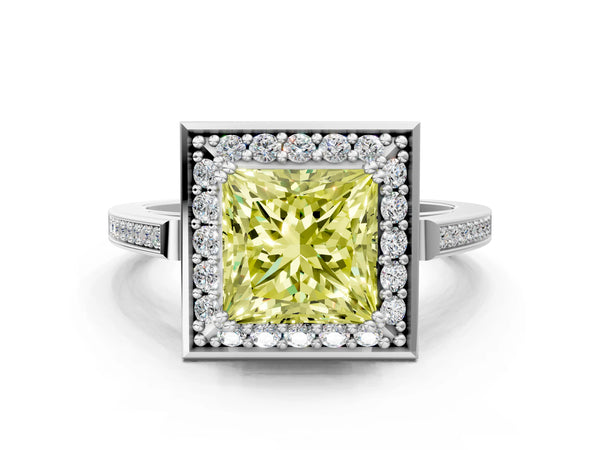 White gold Fancy Yellow Princess Cut Diamond Halo Ring with Split Shank and Four-Prong Setting