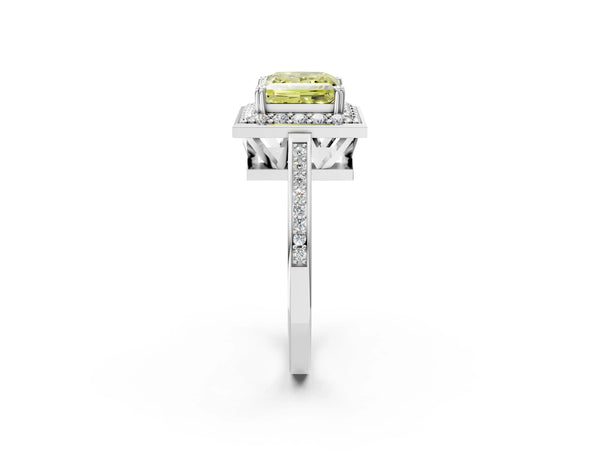 White gold Fancy Yellow Princess Cut Diamond Halo Ring with Split Shank and Four-Prong Setting