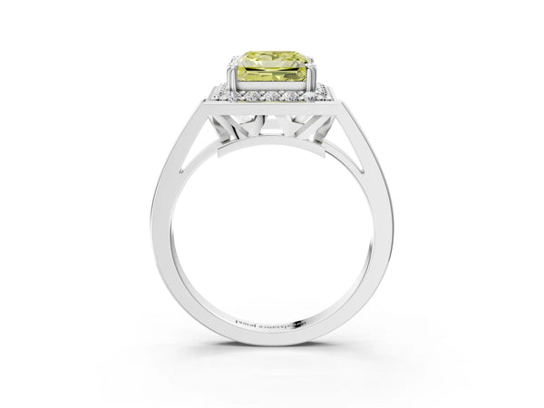 White gold Fancy Yellow Princess Cut Diamond Halo Ring with Split Shank and Four-Prong Setting