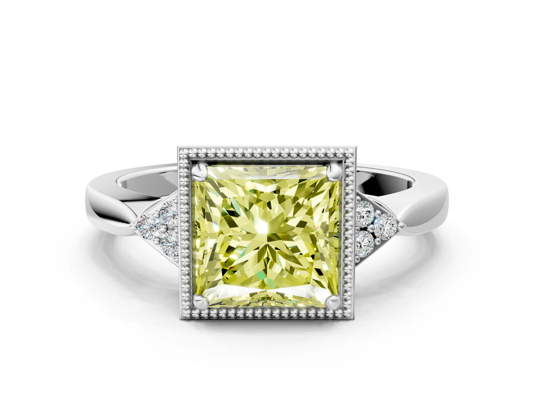White gold Fancy Yellow Princess Cut Diamond Halo Ring with Tapered Band and Four-Prong Setting_31