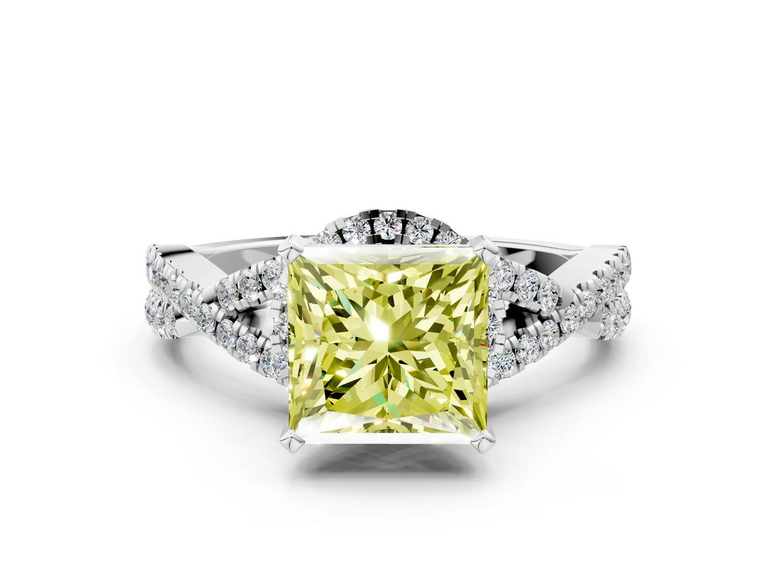 White gold Fancy Yellow Princess Cut Diamond  Halo Twist Band Solitaire Prong Setting Ring_61
