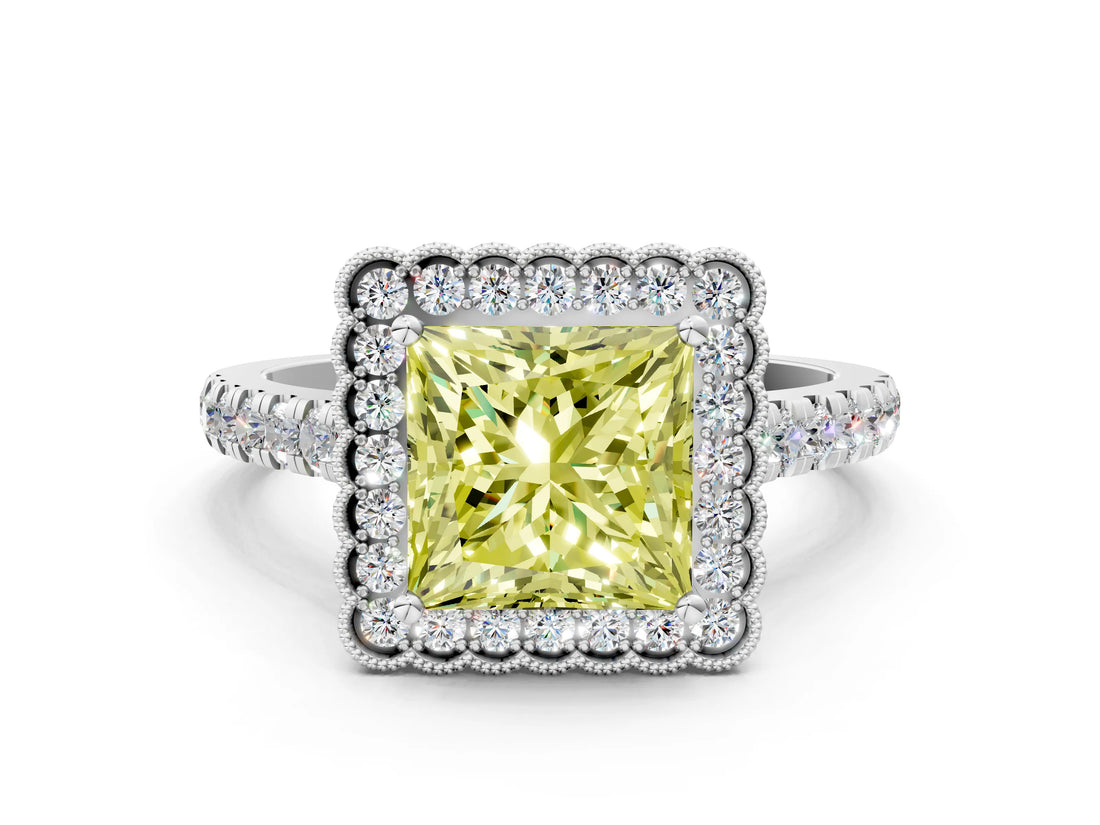 White gold Fancy Yellow Princess  Cut Diamond Milgrain Floral Halo Engagement Ring with Pavé Band_9