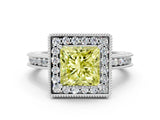 White gold Fancy Yellow Princess Cut Diamond Milgrain Halo Engagement Ring with Round Pavé Band and Prong Setting_12