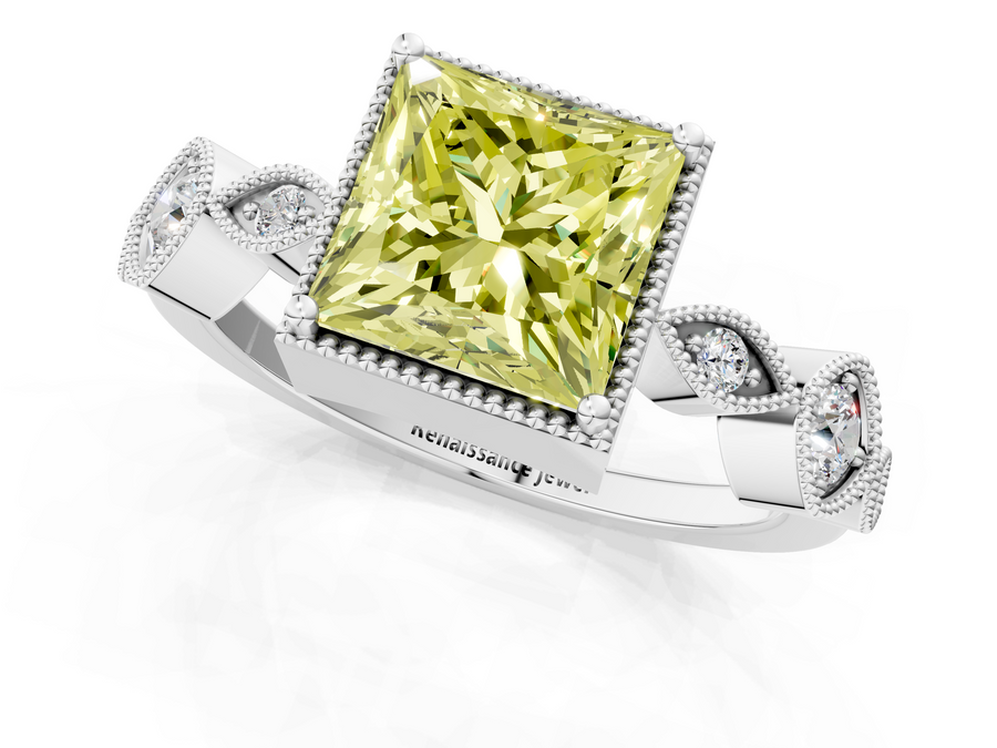 White gold Fancy Yellow Princess  Cut Diamond Milgrain Marquise Band with Prong Setting