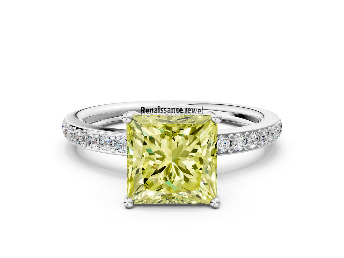 White gold Fancy Yellow Princess  Cut Diamond Pavé Band Ring with Four-Prong Setting