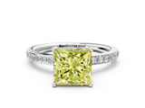 White gold Fancy Yellow Princess  Cut Diamond Pavé Band Ring with Four-Prong Setting