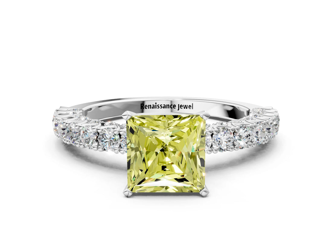White gold Fancy Yellow Princess Cut Diamond Pavé Band Solitaire Ring with Prong Setting_29