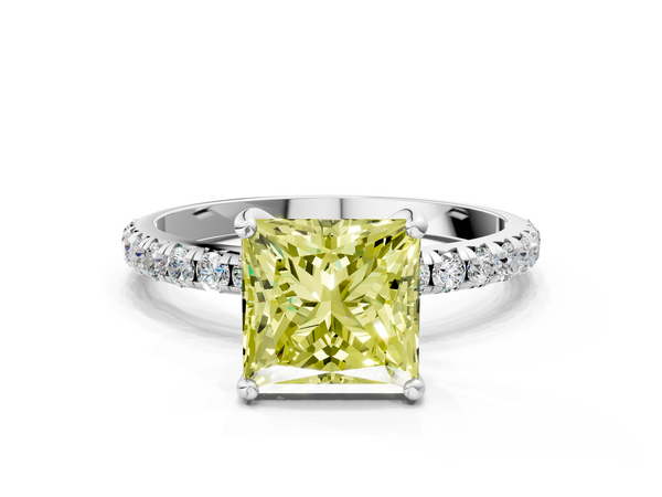 Platinum Fancy Yellow Princess  Cut Diamond Solitaire Ring with Micro Pave Band and Four Prong Setting