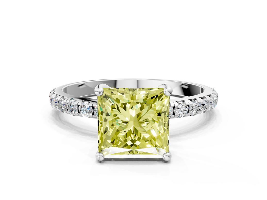 White gold Fancy Yellow Princess  Cut Diamond Pavé Band Solitaire with Four-Prong Setting_3