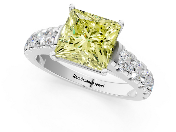 White gold Fancy Yellow Princess  Cut Diamond Solitaire Ring with Micro Pave Band and Prong Setting