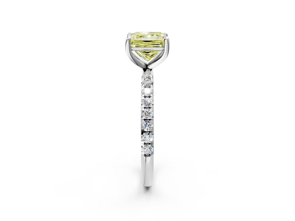 Platinum Fancy Yellow Princess  Cut Diamond Solitaire Ring with Micro Pave Band and Four Prong Setting
