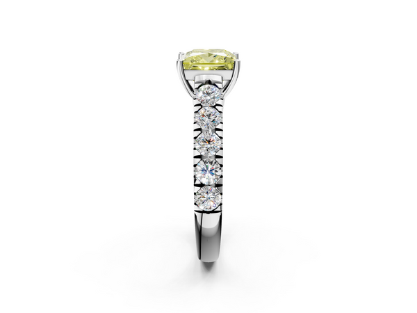 White gold Fancy Yellow Princess  Cut Diamond Solitaire Ring with Micro Pave Band and Prong Setting