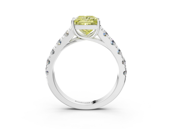 White gold Fancy Yellow Princess  Cut Diamond Solitaire Ring with Micro Pave Band and Prong Setting