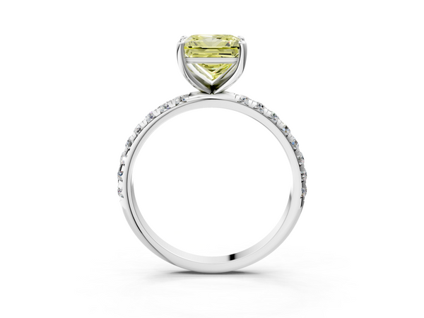 Platinum Fancy Yellow Princess  Cut Diamond Solitaire Ring with Micro Pave Band and Four Prong Setting