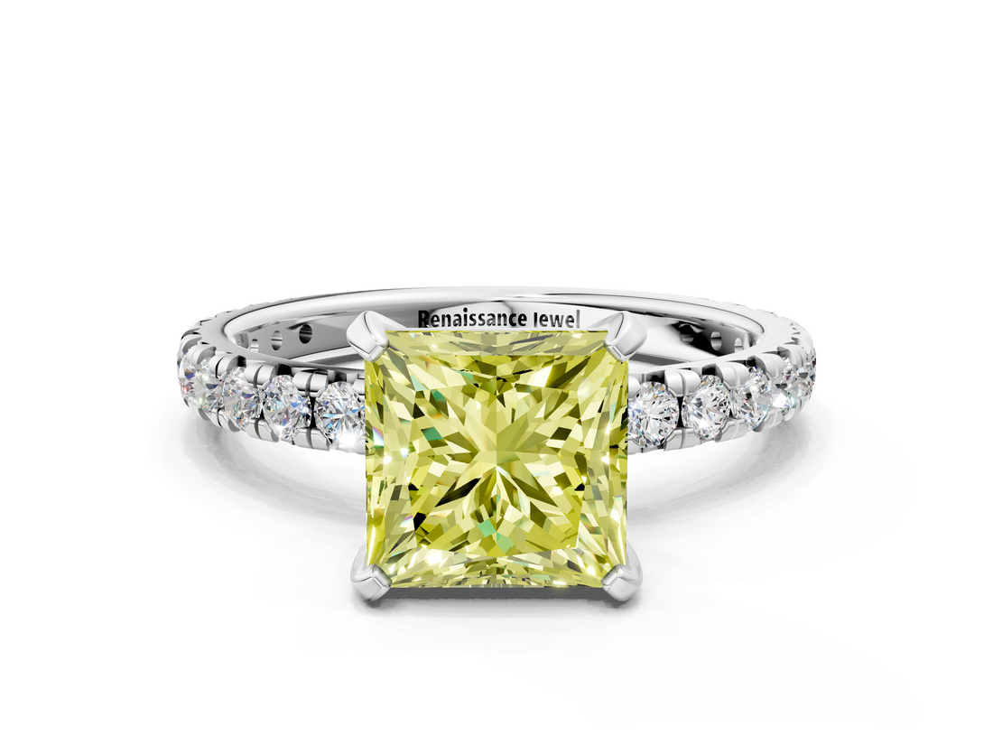 White gold Fancy Yellow Princess  Cut Diamond Pavé Band with Four-Prong Setting