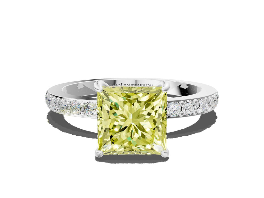 White gold Fancy Yellow Princess Cut Diamond Pavé Engagement Ring with Round  Accents and Prong Setting_53