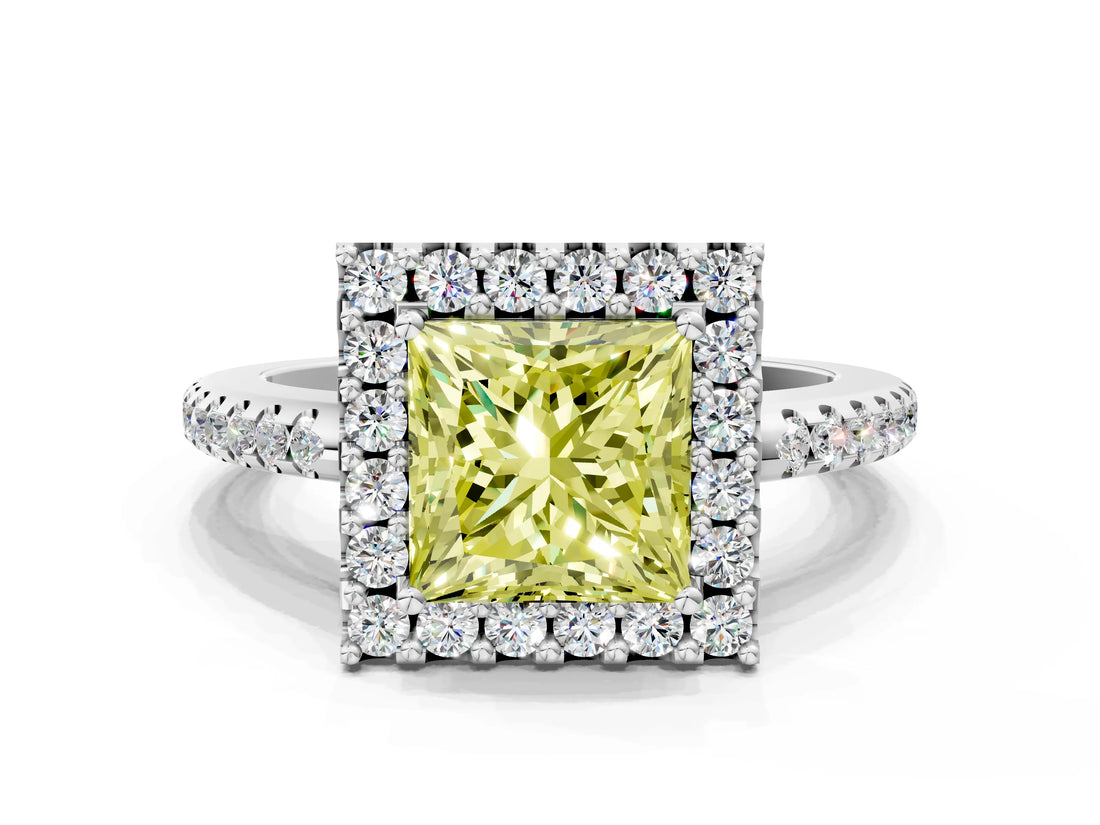 White gold Fancy Yellow Princess Cut Diamond Pavé Halo Ring with Four-Prong Setting_41