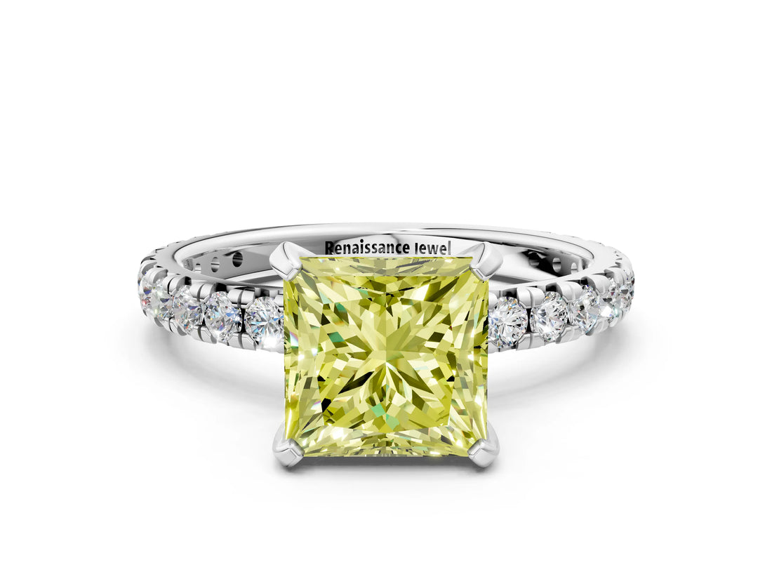 White gold Fancy Yellow Princess Cut Diamond Pavé Solitaire Ring with Round Band and Prong Setting_13