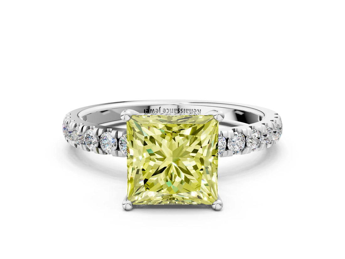 White gold Fancy Yellow Princess Cut Diamond Pave Band Solitaire Ring with Round  and Prong Setting_89