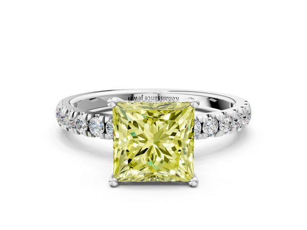 White gold Fancy Yellow Princess Cut Diamond Pave Band Solitaire Ring with Round  and Prong Setting