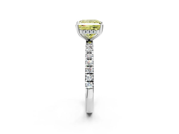 White gold Fancy Yellow Princess Cut Diamond Pave Band Solitaire Ring with Round  and Prong Setting