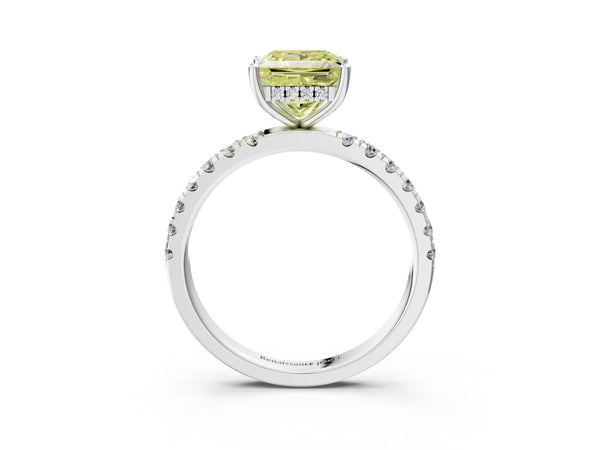 White gold Fancy Yellow Princess Cut Diamond Pave Band Solitaire Ring with Round  and Prong Setting