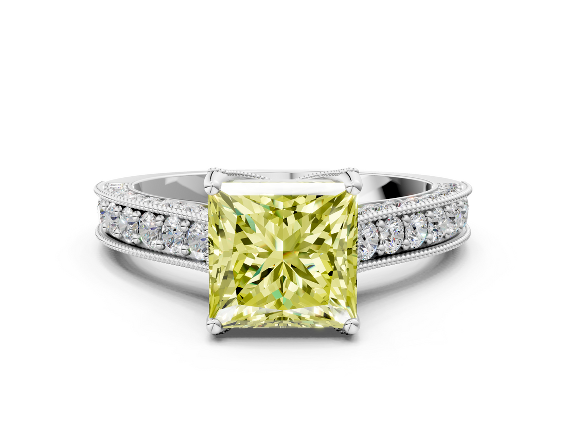 White gold Fancy Yellow Princess  Cut Diamond Pave Band with Four-Prong Setting