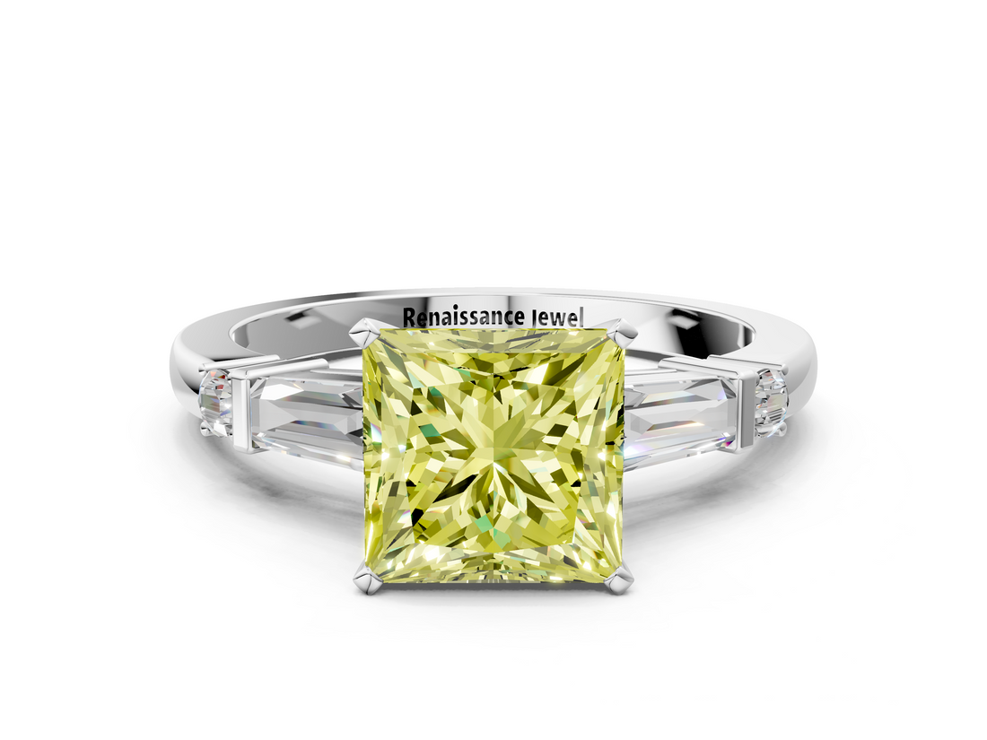 White gold Fancy Yellow Princess  Cut Diamond Ring with Baguette Side Stones, Channel Set Band, and Four-Prong Setting