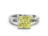 White gold Fancy Yellow Princess  Cut Diamond Ring with Baguette Side Stones, Channel Set Band, and Four-Prong Setting_36