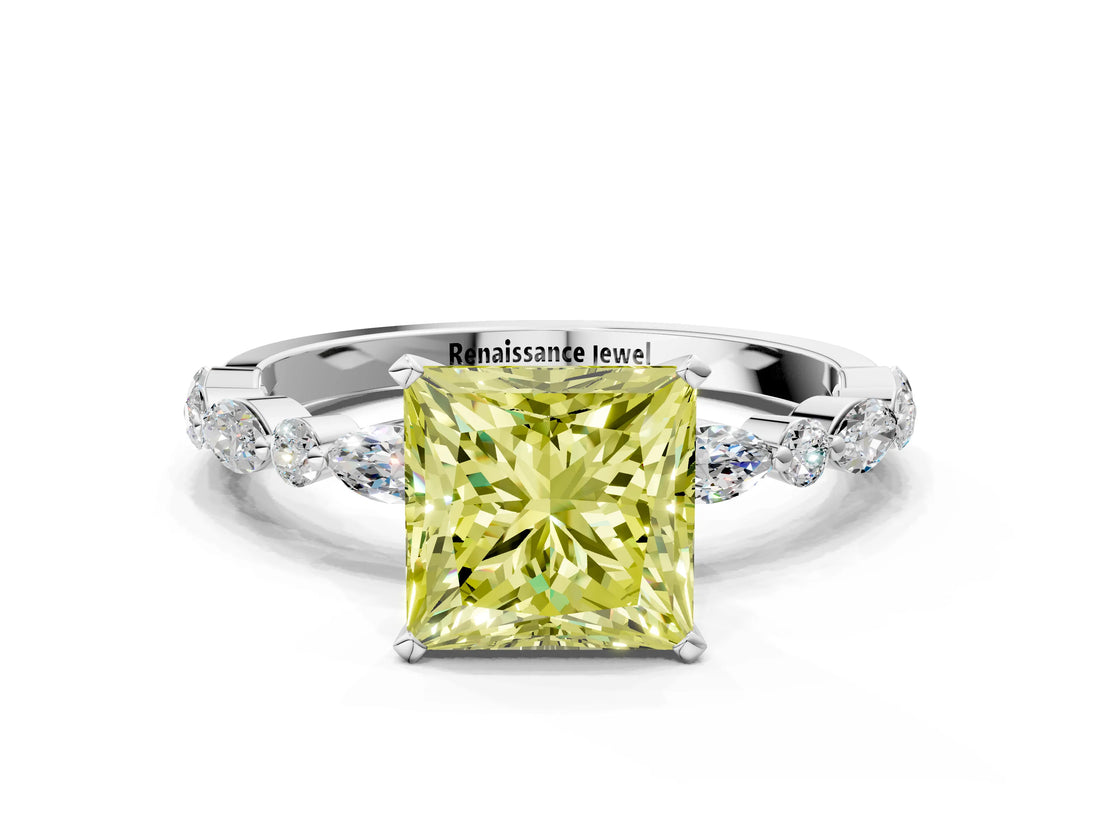 White gold Fancy Yellow Princess Cut Diamond Ring with Marquise and Round  Side Stones and Four-Prong Setting_29