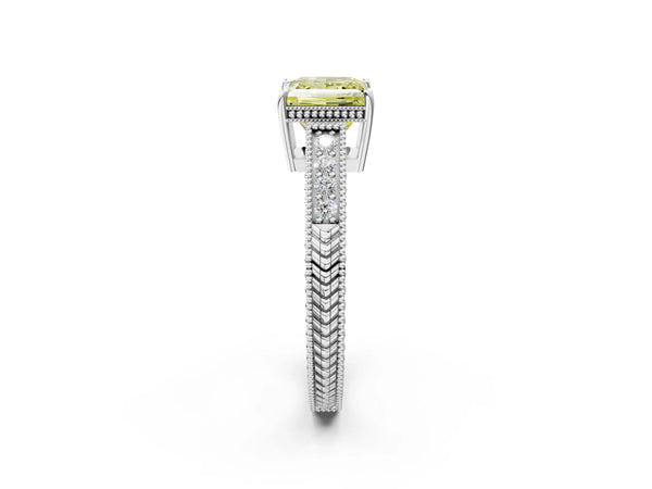 Platinum Fancy Yellow Princess Cut Diamond Ring with Milgrain Pavé Band and Four-Prong Setting