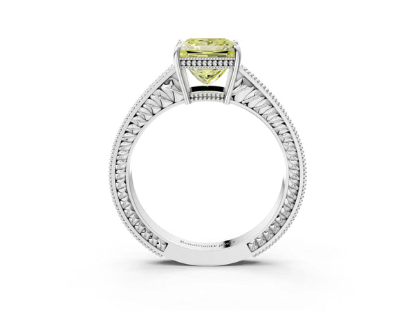 Platinum Fancy Yellow Princess Cut Diamond Ring with Milgrain Pavé Band and Four-Prong Setting