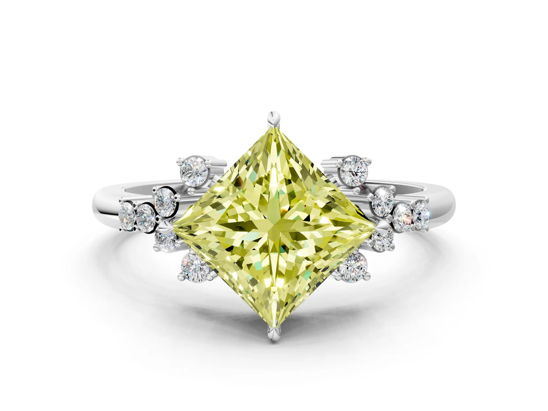 White gold Fancy Yellow Princess Cut Diamond Ring with Side Stones and Four-Prong Setting_80