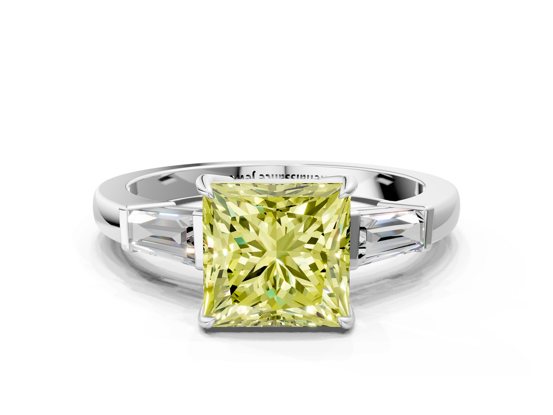 White gold Fancy Yellow Princess  Cut Diamond Ring with Tapered Baguette Side Stones in Four-Prong Setting