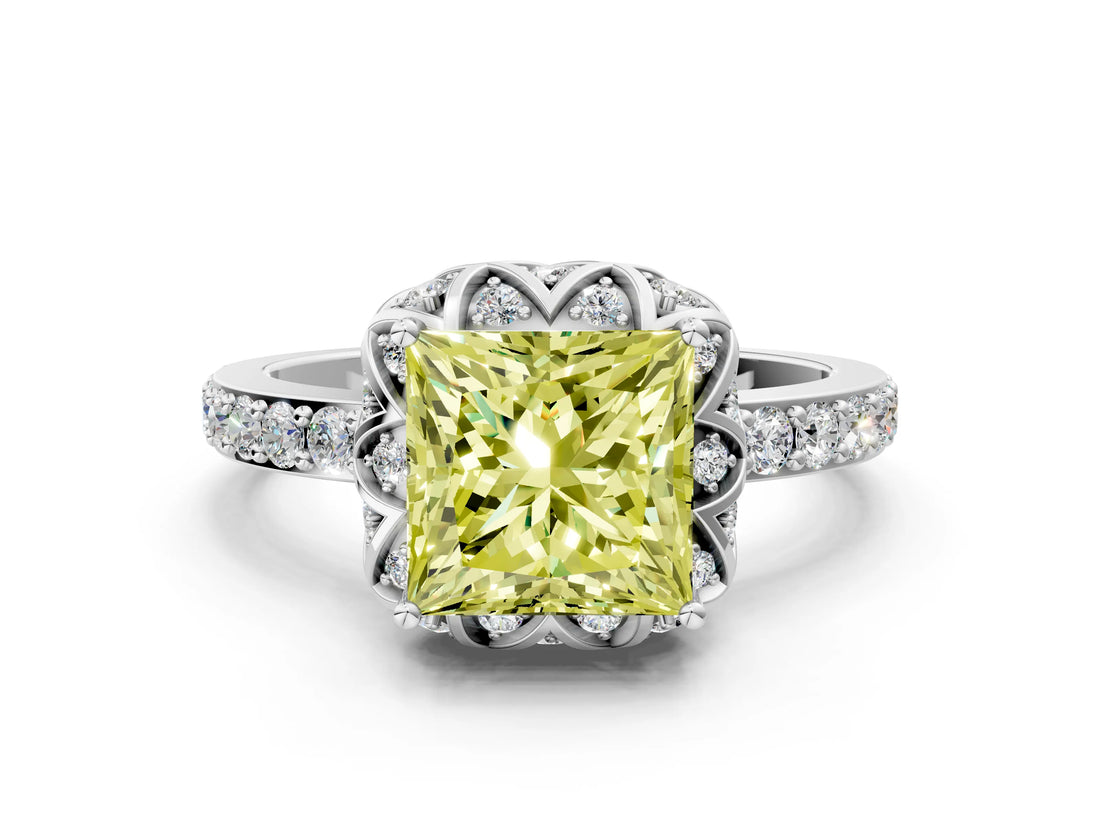 White gold Fancy Yellow Princess Cut Diamond Scalloped Halo Engagement Ring with Round Shared Prong Band_19