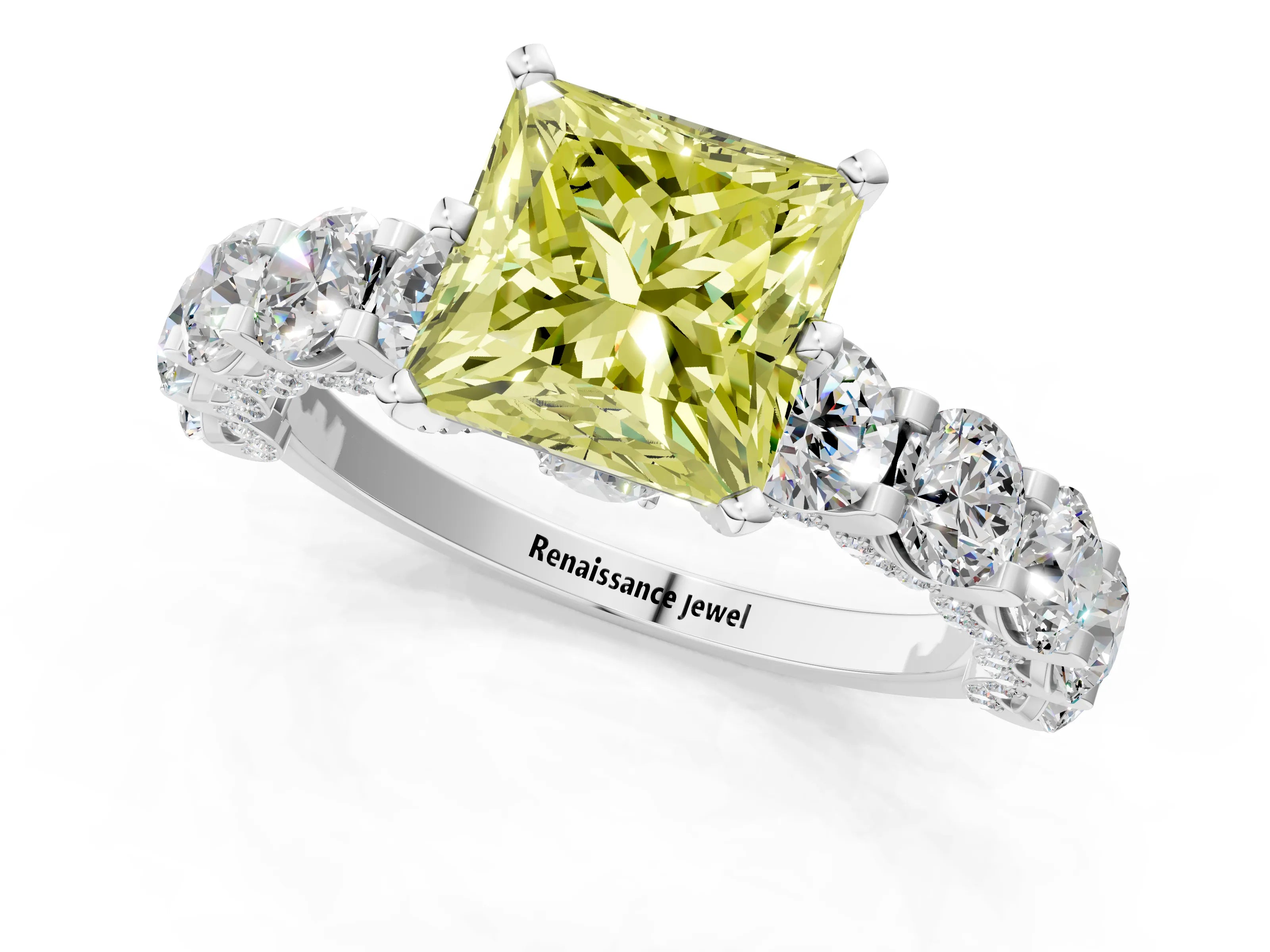 White gold Fancy Yellow Princess Cut Diamond Side Stone Engagement Ring with Four-Prong Setting_62