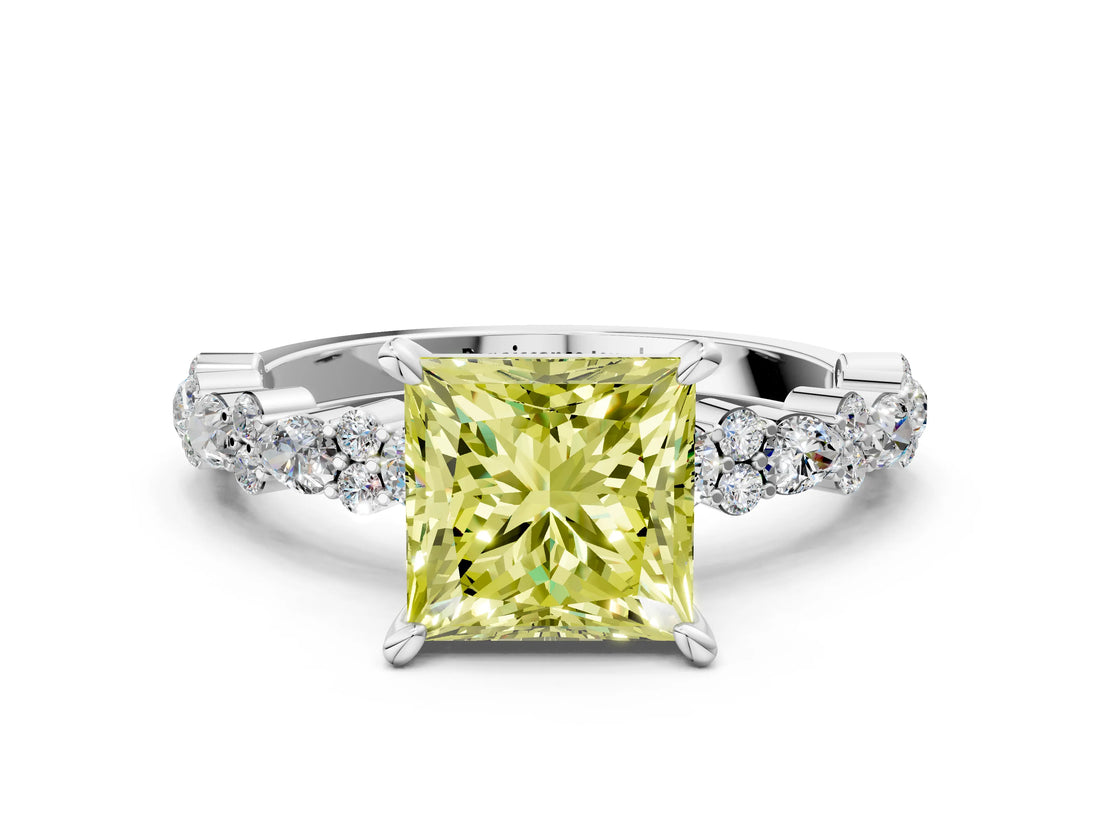 White gold Fancy Yellow Princess Cut Diamond Side Stone Solitaire Ring with Round  and Four-Prong Setting_24