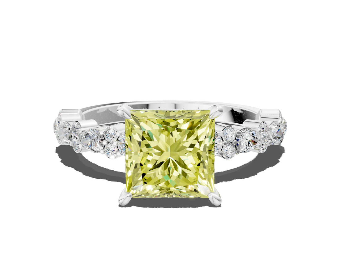 White gold Fancy Yellow Princess Cut Diamond Side Stone Solitaire Ring with Round  and Four-Prong Setting_77