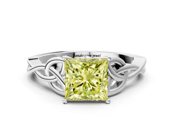 Platinum Fancy Yellow Princess Cut Diamond Solitaire Celtic Knot Ring with Four-Prong Setting
