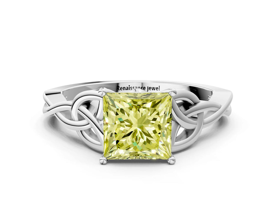 White gold Fancy Yellow Princess Cut Diamond Solitaire Celtic Knot Ring with Four-Prong Setting_41