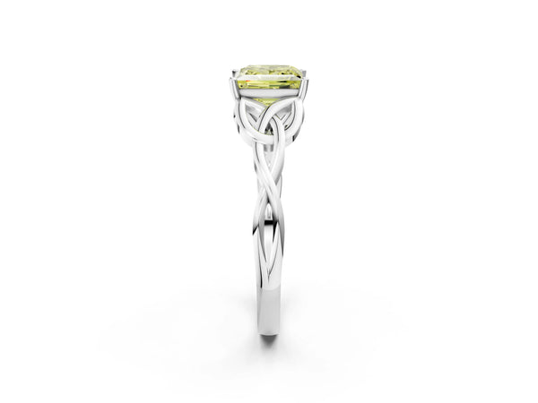 Platinum Fancy Yellow Princess Cut Diamond Solitaire Celtic Knot Ring with Four-Prong Setting