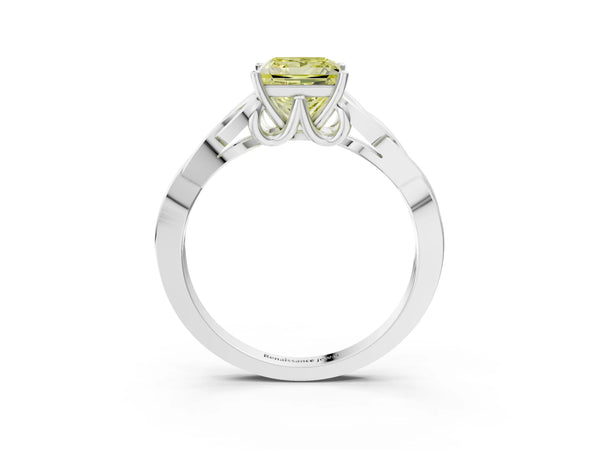 Platinum Fancy Yellow Princess Cut Diamond Solitaire Celtic Knot Ring with Four-Prong Setting