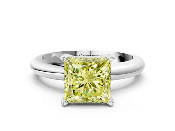 White gold Fancy Yellow Princess Cut Diamond Solitaire Engagement Ring with Round Band and Four-Prong Setting