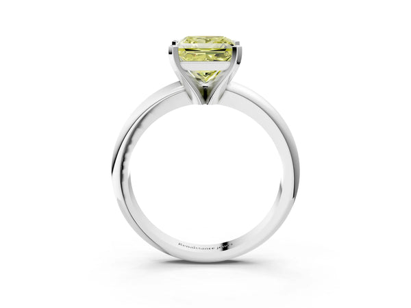 White gold Fancy Yellow Princess Cut Diamond Solitaire Engagement Ring with Round Band and Four-Prong Setting