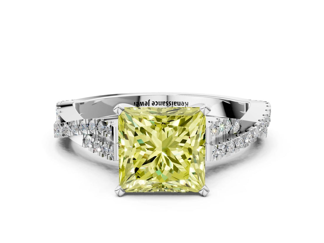 White gold Fancy Yellow Princess Cut Diamond Solitaire Engagement Ring with Twisted Pavé Band and Four-Prong Setting_80